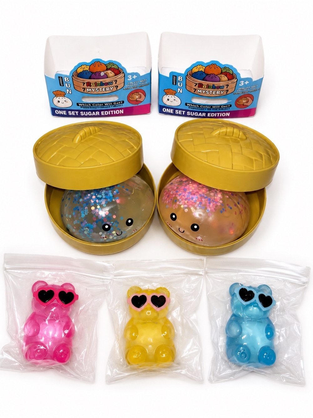 Mystery Sugar Edition Glitter Squishy Set - Gold Case with Pink & Blue Fill